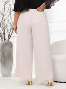 Mulvari Plus Size Solid Color Elegant Straight-Leg Pants With Pocket - Apricot - View 2