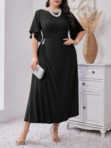 Modelyn Plus Size Women's Solid Color Simple Daily Short Sleeve Dress Long Evening Dresses - Black - View 6