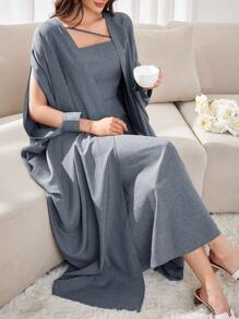 Al Najma Women's Solid Color Simple Daily Long Sleeve Jacket And Dress Two-Piece Set - Dusty Blue - View 10