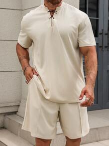 Manfinity Homme Men's Summer Solid Color Short Sleeve Waffle Check Tie T-Shirt And Shorts Set - Apricot - View 3