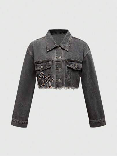 Street Life Embroidered Denim Jacket For Women With Cross Patchwork Decoration