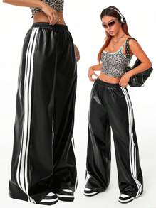 Coolane Women's  Streetwear Casual Leather Banded Texture Decoration Wide Leg Pants,Back To School Clothes,Black Leather Pants - Black - View 8