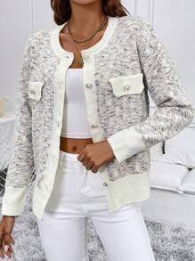 Chiquease Áo len cardigan màu tương phản có nút phía trước có túi và tay áo dài, áo len thường ngày - Nhiều màu - Xem 1