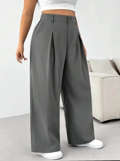 SHEIN EZwear Pantalones de negocios sólidos y simples para mujer de talla grande, para graduación, regreso a la escuela, atuendos de maestras en otoño/invierno