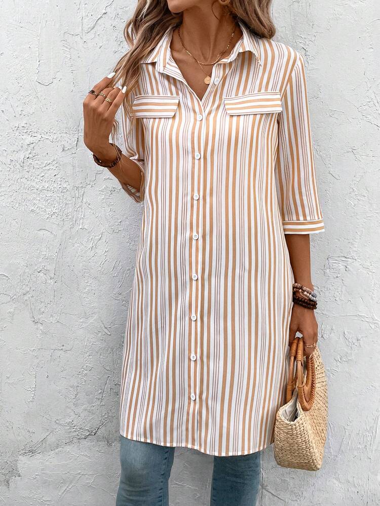 Women's Single-Breasted Half Sleeve Striped Casual Fashion Jacket, Suitable For Vacation