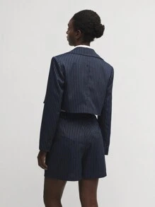 BizChic 女士商务办公工作服复古风格条纹短裤套装，秋季 - 藏蓝色 - 查看 2