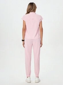 TaskEZ Pink Summer Scrub Nurse Uniform Short Sleeve Top Jogging Trousers Two-Piece Set Clothes - Pink - View 2