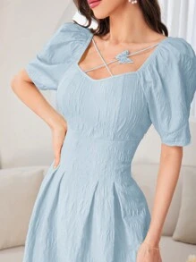 Modelyn 女士夏季優雅純色泡泡袖腰高連衣裙 - 藍色 - 查看 2