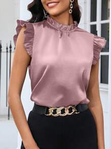 SHEIN Clasi Blusa de satén de unicolor con mangas de tapa para uso diario, blusas sin mangas - Rosa vieja - Ver 3