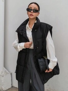 DAZY Women's Winter Casual Solid Color Stand Collar Drawstring Waistcoat Padded Coat , Black Vest ,Winter Women Clothes,Winter Coat Women Jacket - Black - View 10