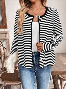 Chiquease Women's Casual Striped Jacket, Long Sleeve, French Style, Daily Wear And Commuting