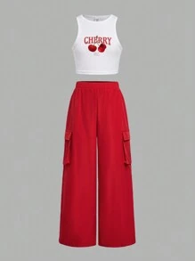 SHEIN Girlism 2pcs Tween Girls' Casual Comfortable Sleeveless Top And Utility Pants Set With Halter - Red - View 1