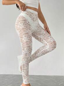 SHEIN Unity 白色蕾丝设计性感女士紧身裤 - 白色 - 查看 6