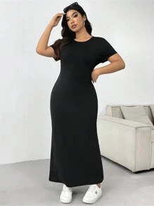 SHEIN EZwear 大尺碼女款夏季純色圓領短袖不對稱下擺長款休閒連衣裙 - 黑色 - 查看 3