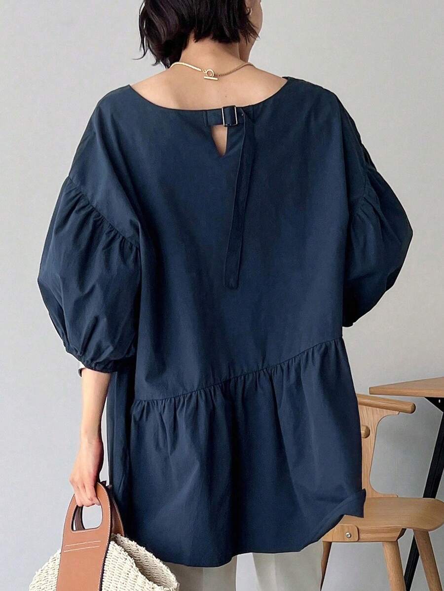 FRIFUL 纯色泡泡袖荷叶边衬衫 - 藏蓝色 - 查看 1