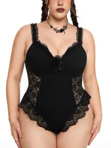 ROMWE Plus Size Ultra Sexy Lace 3D Rose Bodysuit - Black - View 4