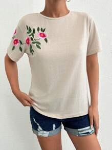 SHEIN Cottnline 帶花朵刺繡圓領T恤 - 米色 - 查看 6