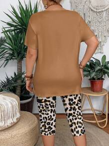 夏季太陽眼鏡印花圓領短袖T恤和打底褲2件套加大尺碼女裝套裝，休閑風格 - 摩卡棕 - 查看 2
