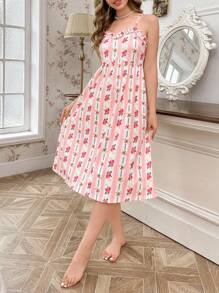 Romantic Floral Print Ruffle Hem Cami Nightgown And Robe Set, Countryside Style - Pink - View 4