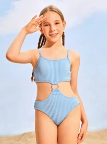 Young Girls Blue Jacquard One-Piece Swimsuit With Unique Hollow Out Design, Stylish And Elegant, Suitable For Swimming, Vacations, And Summer - Blue - View 5
