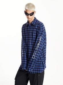 Manfinity VCAY Men's Street Woven Logo Ink Printed Plaid BOXY Long Sleeve Shirt, Suitable For Autumn And Winter Fashion - Blue - View 6