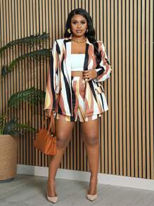 Slaydiva Commuting & Casual Plus Size Women's Printed Multicolor Suit Jacket And Casual Shorts Two-Piece Set - Multicolor - View 10