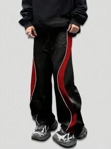 ROMWE MEN Street Life Men's Casual Color Block Long Pants, Suitable For Daily Wear In Spring And Summer, School - Black - View 1