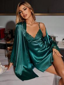 SilkySpell طقم بيجامة مكون من قميص نوم ساتان مزين بالدانتيل وردة مربوطة، ملابس خريف وشتاء - أخضر داكن - مشاهدة 1
