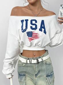 Flirla 女式美国国旗印花露肩长袖短款运动衫