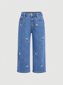 SHEIN Calça Denim Denim Bordada com Flores Rosa para Jovens com Bolsos - Lavagem escura - Visão 1