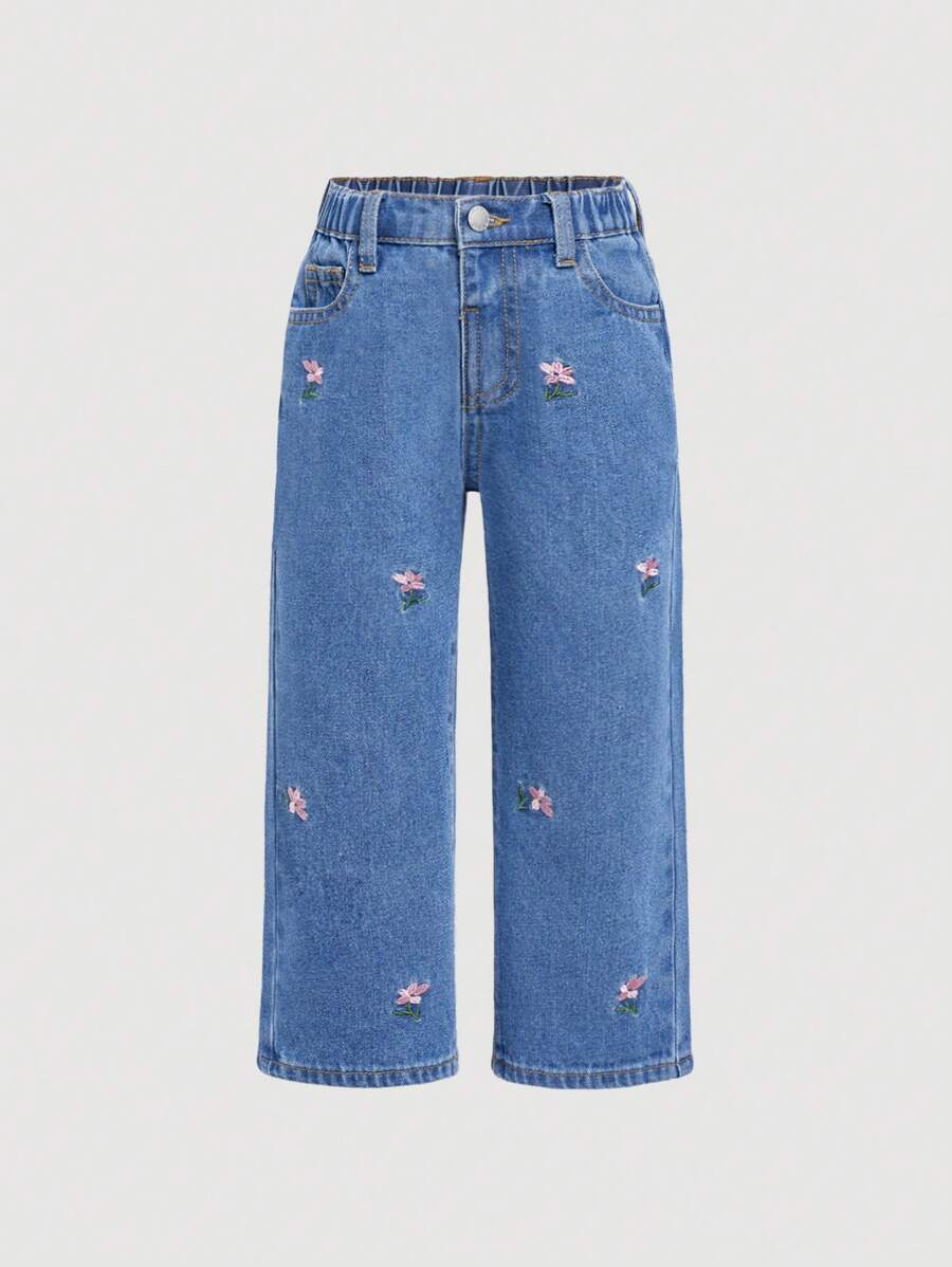 SHEIN Calça Denim Denim Bordada com Flores Rosa para Jovens com Bolsos - Lavagem escura - Visão 1