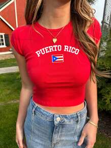 Flirla Áo thun nữ cắt ngắn màu xanh cờ Puerto Rico cho quần áo năm mới Áo thun họa tiết dành cho nữ - Đỏ - Xem 1