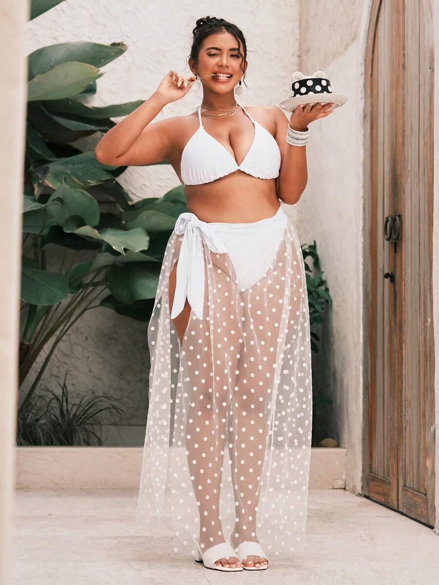 SHEIN Swim Curve 大码纯色性感网眼罩衫夏季 - 白色 - 查看 1