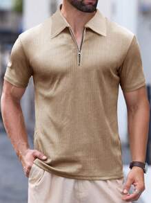 Manfinity Homme Men Ribbed Knit Quarter Zip Polo Shirt - Khaki - View 1