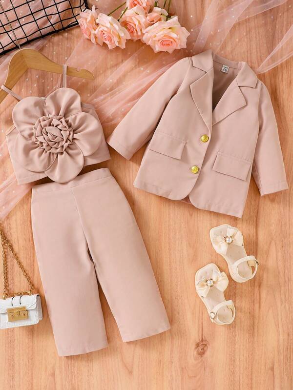 SHEIN 3pcs/Set Baby Girls Beige 3D Floral Cami Top With Blazer Jacket And Pants Set, Elegant Fashion Outfit For Party, Photoshoot, Vacation