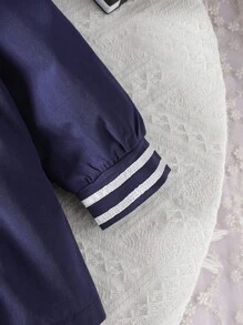 Baby Girl Spring/Autumn Casual Heart Embroidery Color Block Stripe College Style Jacket - Navy Blue - View 7