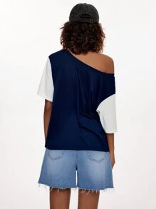 Forever 21 Women's Spring/Summer Loose Fit Casual T-Shirt With Letter Print, Color Block, Round Neckline And Drop Shoulder Sleeves - Blue - View 3