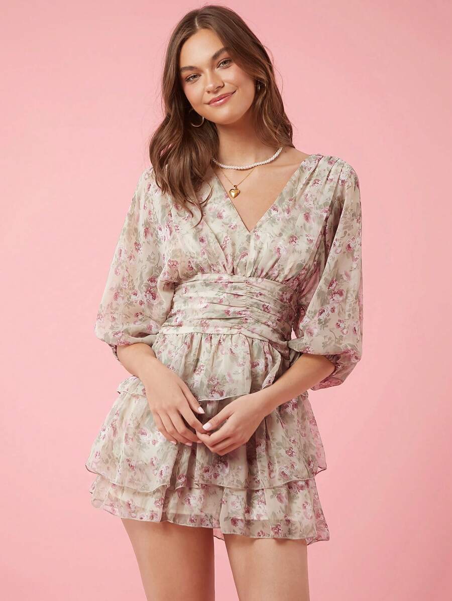 Enchnt 女裝短款花卉印花V領提花袖褶皺腰帶裙，春夏款 - 杏色 - 查看 1