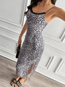 SHEIN LUNE 無袖圓領針織豹紋修身中長款連衣裙，帶蕾絲面板和開叉搭扣設計 - 灰色 - 查看 4