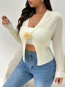 SHEIN Essnce Plus Size Women's Summer And Autumn New Style Fashionable Casual Commuting Elegant Fall Tops Fall Women Outfits Back To School Going Out Tops Fall Women Outfits First Day Of School Versatile Three-Dimensional Flower Apricot Outer See-Through Long-Sleeved Thin Knit Sweater Fall Sweaters Cardigan