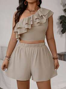 SHEIN VCAY Plus Size Double Layer Ruffle One Shoulder Blouse And Shorts Set For Vacation