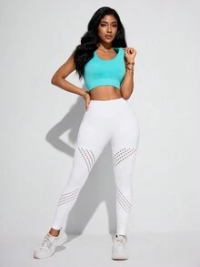 Seamluxe SHEIN Sport Mallas deportivas sin costuras para mujer con cintura alta y huecos, de unicolor - Blanco - Ver 3