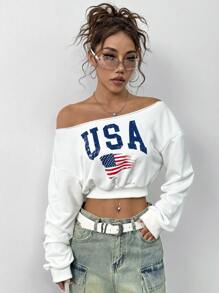 Flirla 女式美国国旗印花露肩长袖短款运动衫