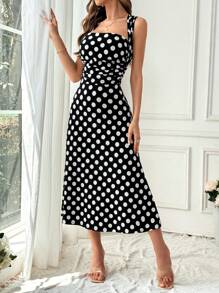 SHEIN Privé Elegante vestido de señora con lunares negros y blancos con cintura fruncida, perfecto para vacaciones, citas, trabajo y salir - Blanco y Negro - Ver 3