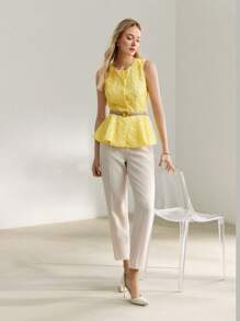 MOTF PREMIUM ÁO CỔ KHÔNG TAY PEPLUM NÚT CAO CẤP TRƯỚC - Màu vàng - Xem 5