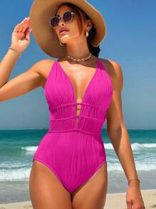 Swim Vcay Đồ bơi liền thân không tay cổ chữ V sâu màu trơn cho nữ, thích hợp cho kỳ nghỉ hè ở bãi biển - Màu Hồng Tươi - Xem 3