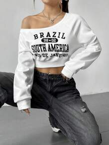 SHEIN Unity Women's Simple Daily Wear Asymmetrical Neck Sweatshirt With Letter Prints,Long Sleeve Tops Graduation,Back To School Outfits,Graduation,Teacher Outfits For Women,Back To School Pullover Fall Outfit - White - View 3