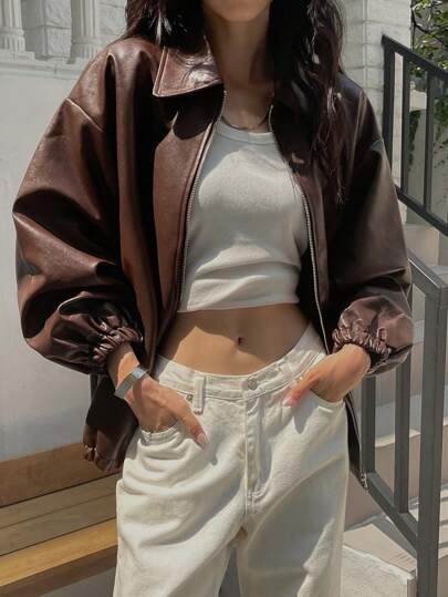 جاكيت جلدية مع جيوب مائلة وأكتاف منسدلة، ملابس نسائية للخريف