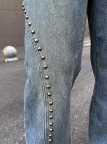 Manfinity Roghcode Y2K Vintage Street Style Herren dunkelblau retro ausgewaschene Metal Nieten ausgestellte Jeans, verblasst, weit ausgestellt, ideal als Geschenk für Ehemann oder Freund - Dunkle Waschung - Übersicht 7