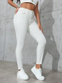 SHEIN PETITE Quần jean nữ Slim Fit thông thường và đa năng có túi - trắng - Xem 6